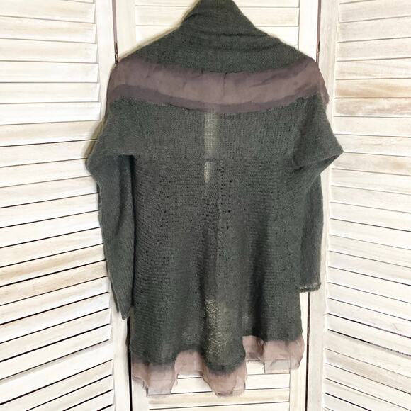 Vintage Olive 100% Wool Mohair? 100% Silk Trim Draped Shawl Neck Cardigan M/L - Picture 6 of 10